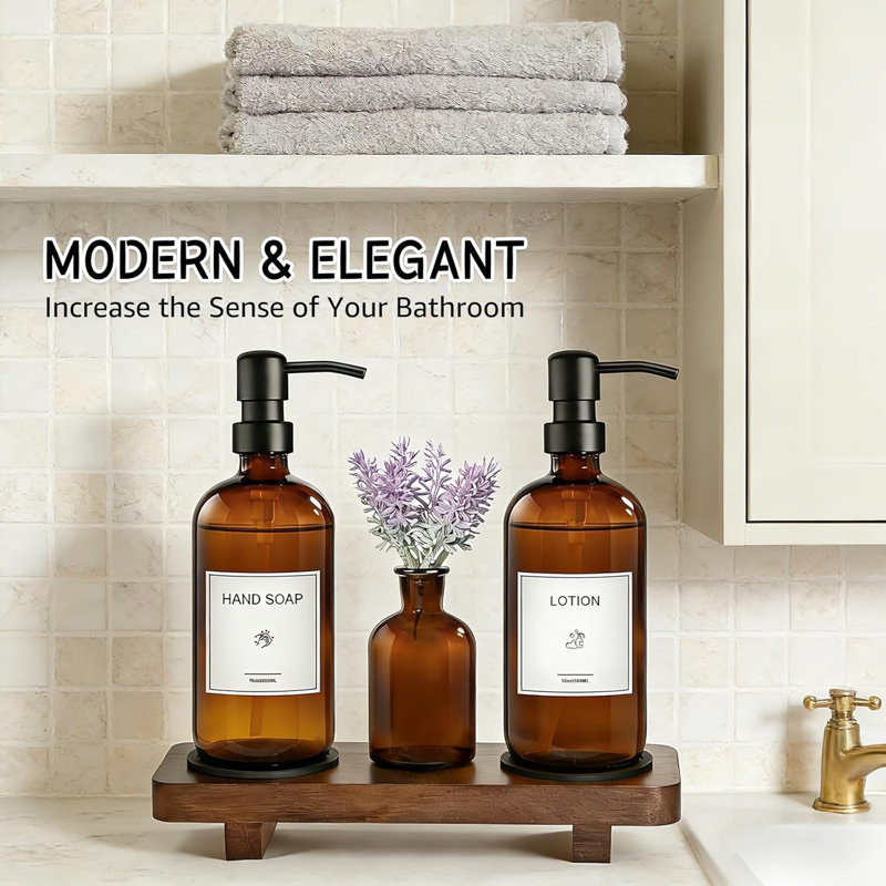 Kitchen Soap Dispenser Set With Wood Tray, 16Oz Amber Glass Soap Dispensers With Stainless Steel Pumps, Hand And Dish Soap Dispenser Set For Kitchen, Soap And Lotion Dispenser Set For Bathroom