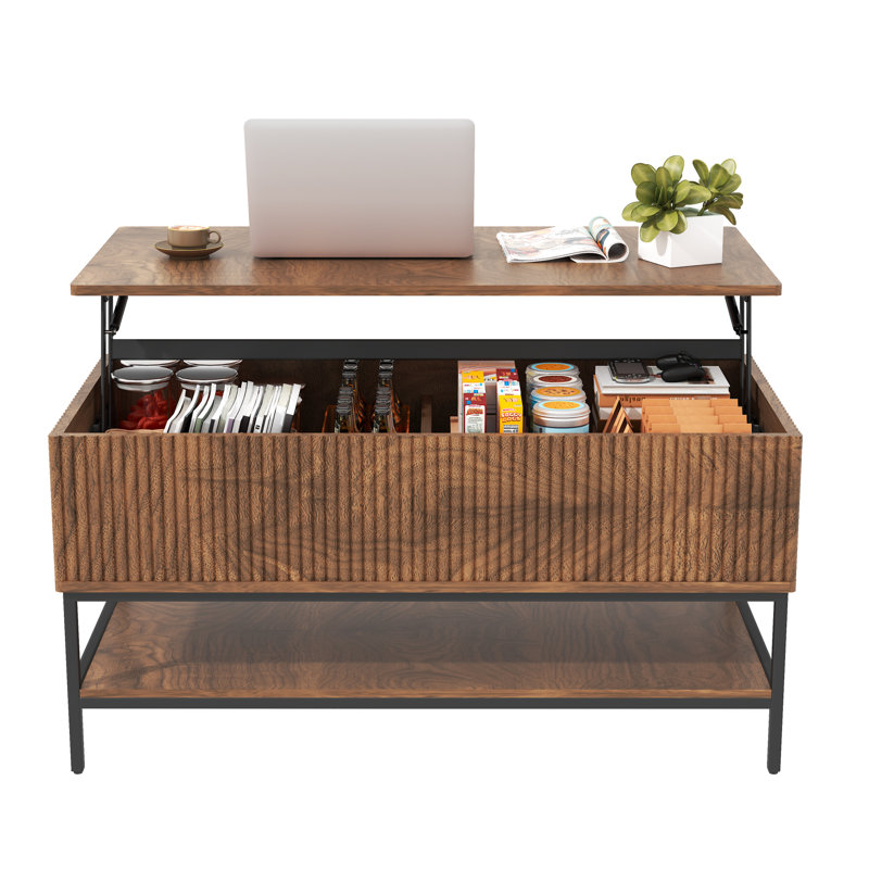 Table basse à plateau relevable de 39,4 pouces avec rangement caché et tablette inférieure, pieds en acier, brun rustique rectangulaire, style, compartiment, brun stable, installation rapide