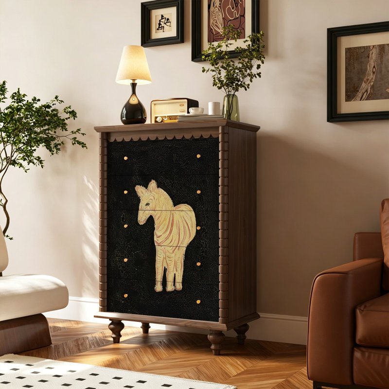 Commode 5 tiroirs en bois massif pour rangement multi-pièces, Noyer
