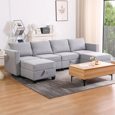 Canapé modulaire convertible modulaire avec siège de rangement Canapé modulaire en U à 4 places avec méridienne réversible modulaire tissu gris clair