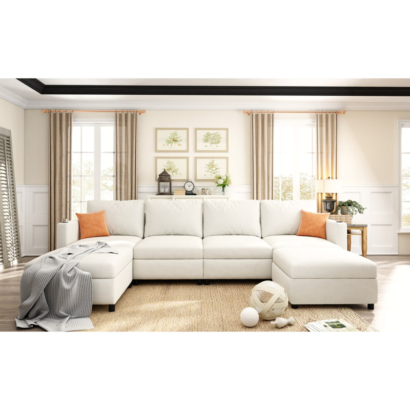 Grand canapé modulaire en chenille à 6 places en forme de U avec rangement et canapé moderne de 6 po, 123 po