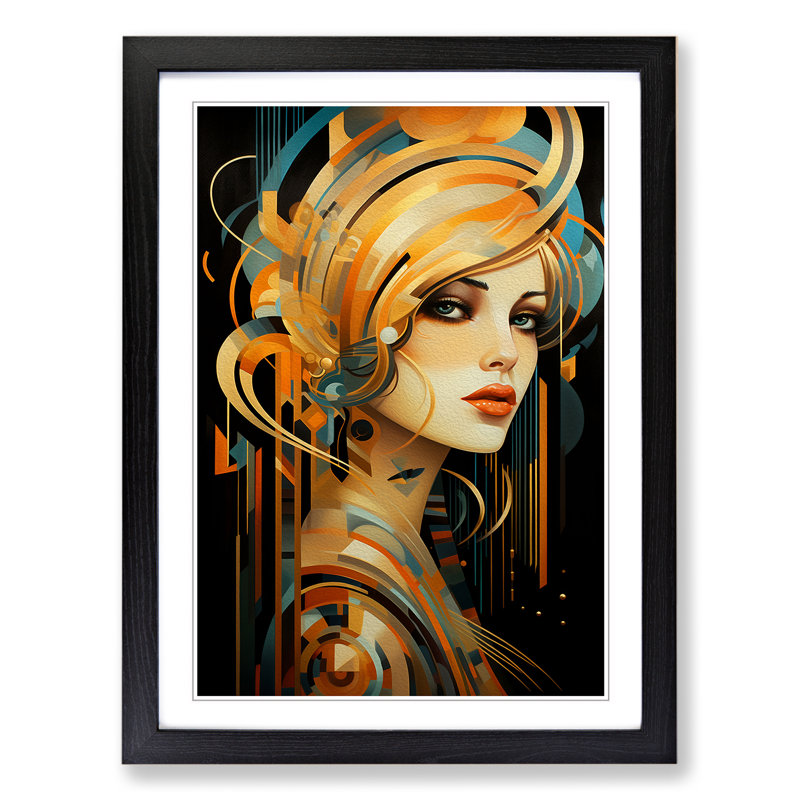 Art Deco Woman Modern Art Framed Print, 46cm H x 34cm W, Black Framed