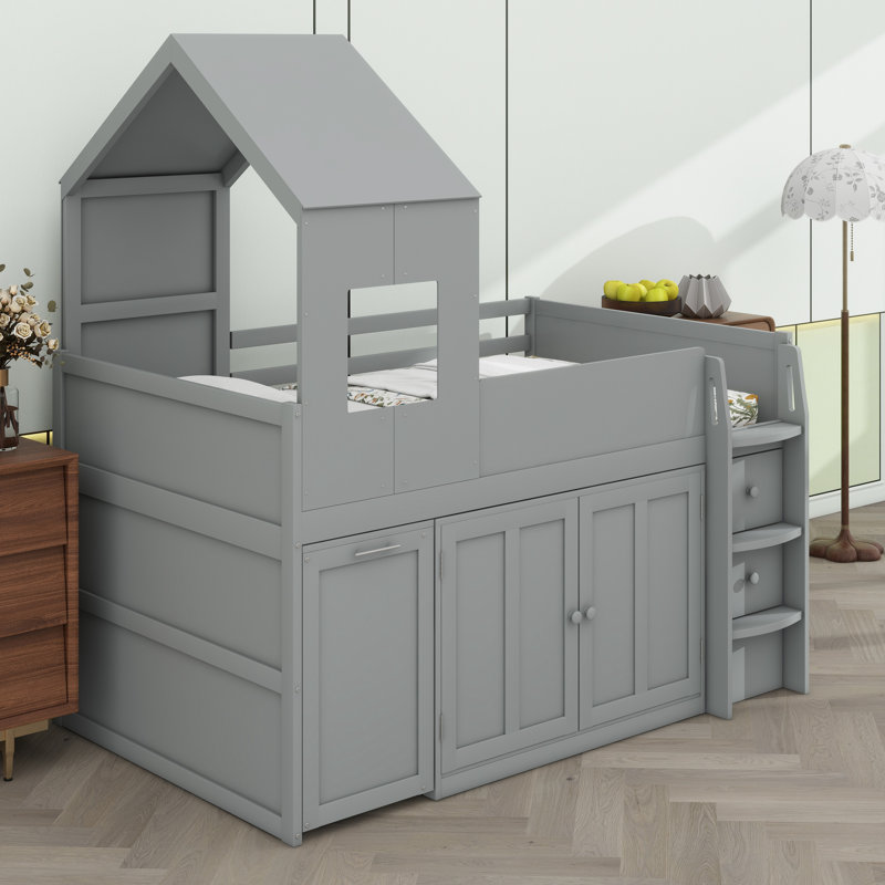 Modern High Sleeper Bed Featuring Built-in Workstation and Cabinet Organization, Grey
