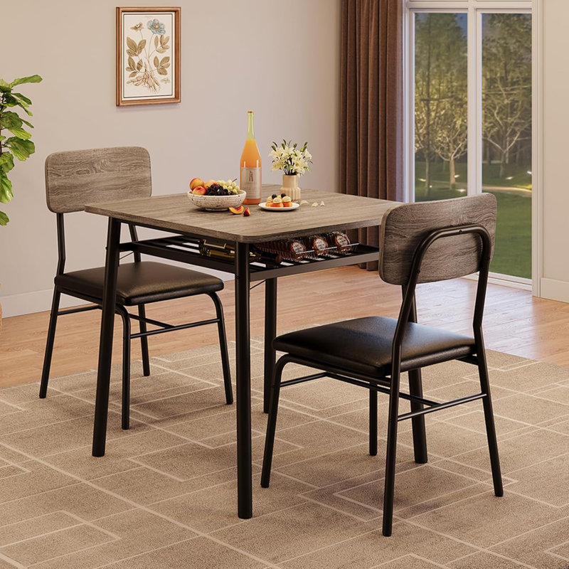 3-Piece Dining Table Set For 2 With Storage Rack, Wood Kitchen Table With Upholstered Chairs, Gray