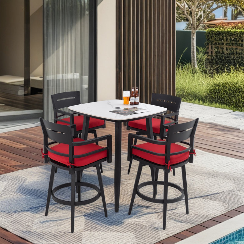 Ensemble de bar d'extérieur moderne 5 pièces, noir Ember avec table inspirée du marbre et 4 chaises pivotantes, coussin Sunbrella