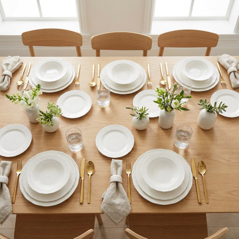 Service de table en porcelaine blanche Baroque Scallop (service de 24 pièces pour 6 personnes)