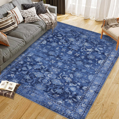 10 po x 13 po, grand tapis lavable, tapis de sol pliable, doux, antidérapant, à poils courts, tapis oriental délavé à motif floral rétro, tapis traditionnel imprimé pour le salon, bleu