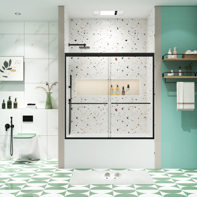 Bypass Sliding Shower Door, 1/4" Tempered Glass, Matte Black, 56"-60"x58", Leak, Handle, Bathroom Door Bypass, Collision Frame, Leakage,