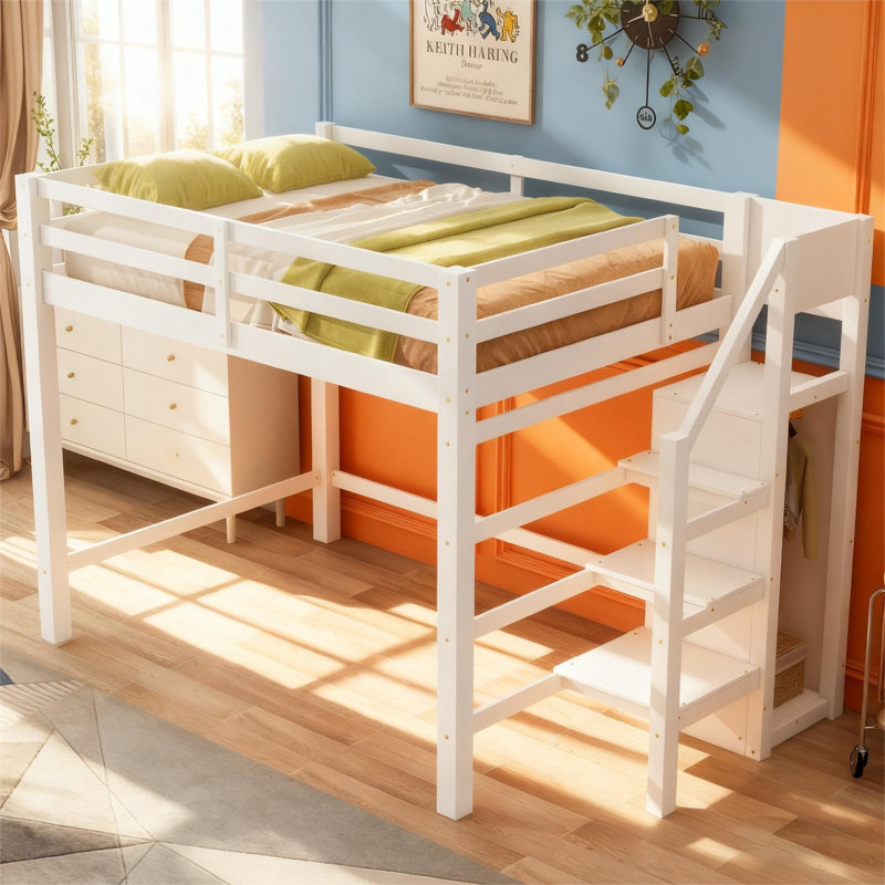 Full Size Loft Bed with Built-In Storage Wardrobe, Staircase Drawers & Space-Saving Work Area — Solid Pine Wood Frame, White