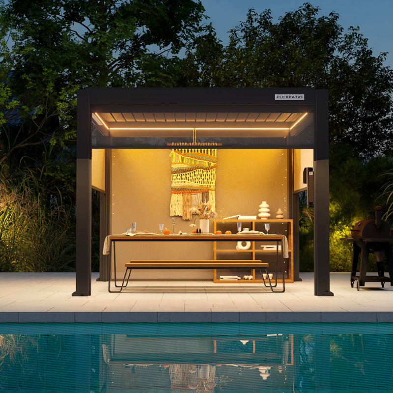 Pergola d'extérieur à persiennes motorisée Flexpatio Power + Pro avec abat-jours roulants motorisés sur 4 côtés