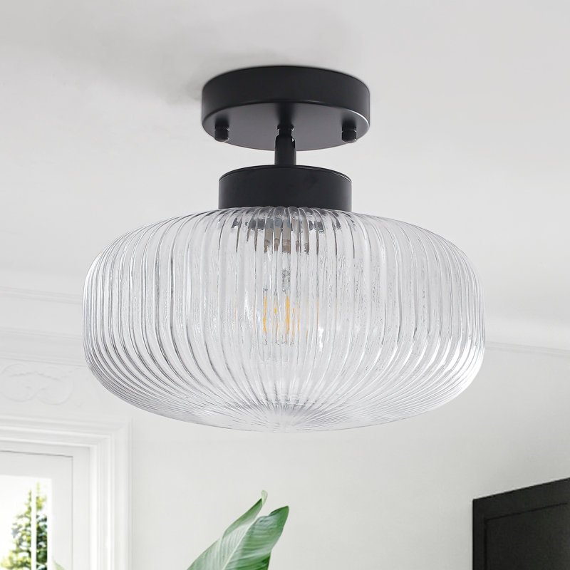Plafonnier semi-encastré 1 lumière en verre nervuré à intensité variable, Matte Black