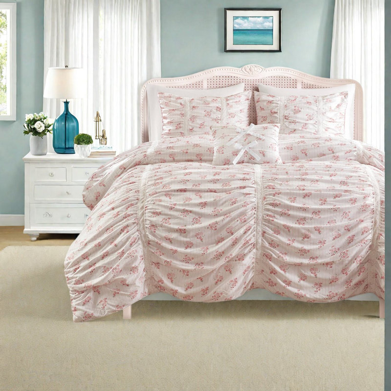 Ensemble de literie d'édredon ruché rose, chambre à coucher en microfibre à motif floral