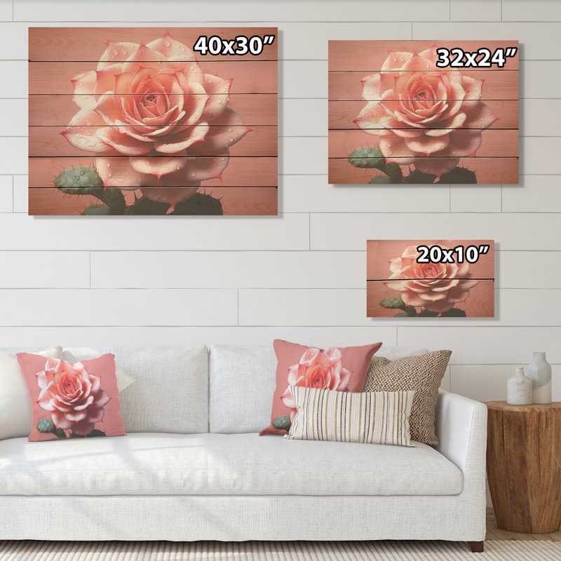 Cactus rose Resilience I - Art mural en bois de cactus sur bois de pin naturel, H 24 po x l 32 po