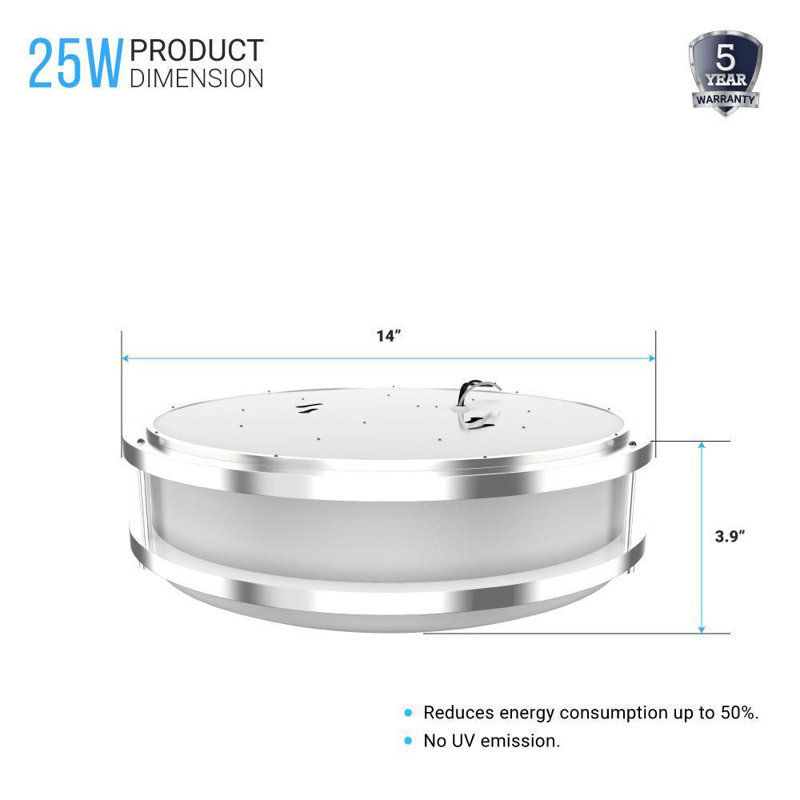 Plafonnier encastré cylindrique simple à 1 lumière Dajerin, H 3,9 po x l 14 po x P 14 po, 25W, 1750