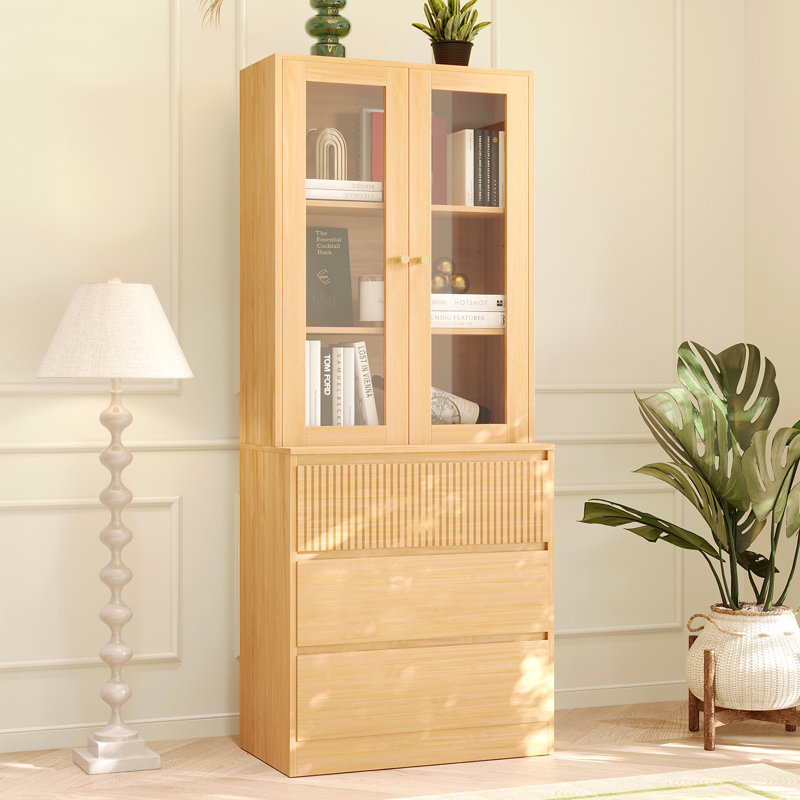 71" H X 47.3" W Bookcase Cabinet With Glass Doors, Modern Bookshelf With 3 Open Shelves & 2 Hidden Shelves (C+D)