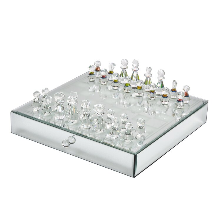 15 Black and Frosted Glass Chess Set with Mirror Board