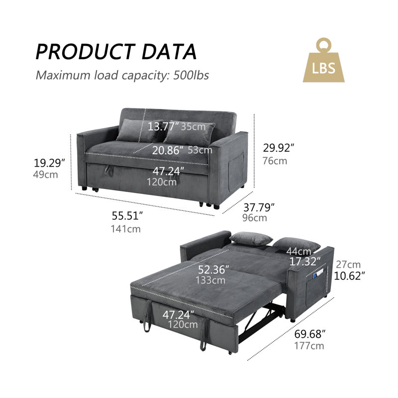 Modern Upholstered Sofa Bed with Channel Tufting, Multi-Functional Couch Bed for Small Spaces(Grey), Gray