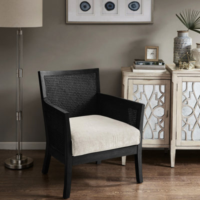 Chaise d'appoint avec côtés en canne, pieds en bois massif, siège en mousse haute, housse noire, assemblage requis, coussin de fauteuil de bureau personnel, revêtement, chaise rustique, requis