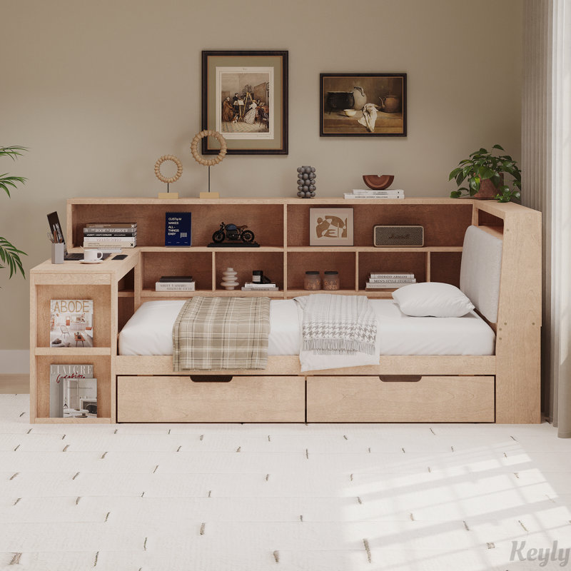 Lit de jour en bois en L avec bureau et bibliothèque de rangement, Naturel, Double