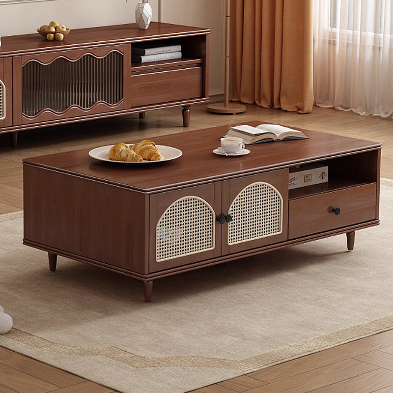 Table basse avec porte en rotin rétro français, Brun