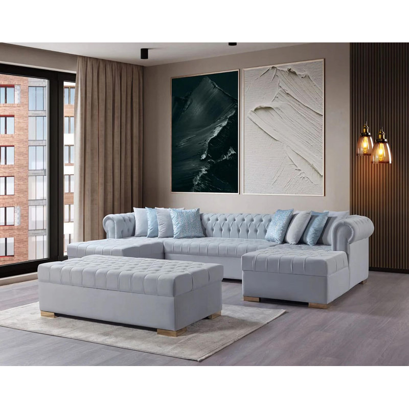 Canapé modulaire et repose-pieds Jelinek, Velours perle