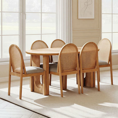7-Piece Farmhouse Wood Dining Table Set With A Oval Dining Table And 6 Rattan Upholstered Chairs Dining Table For Kitchen & Dining Room
