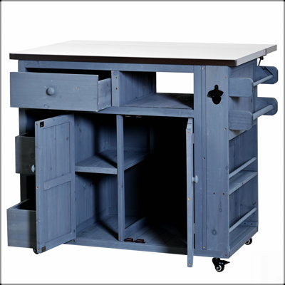 Outdoor Solid Wood Extendable Kitchen Island with Stainless Steel Top, Side Spice Rack, and Storage for BBQ and Parties