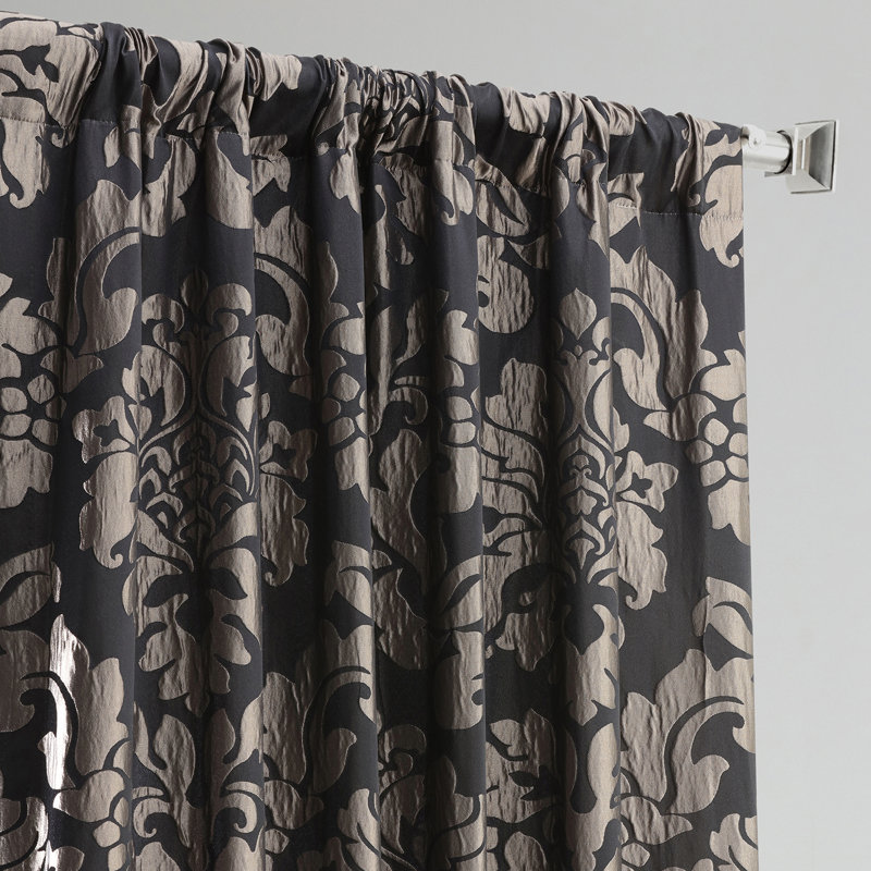 Ballsallagh Floral Faux Silk Room Darkening Curtain Panel, 50" W x 84" L, Astoria Black/Pewter