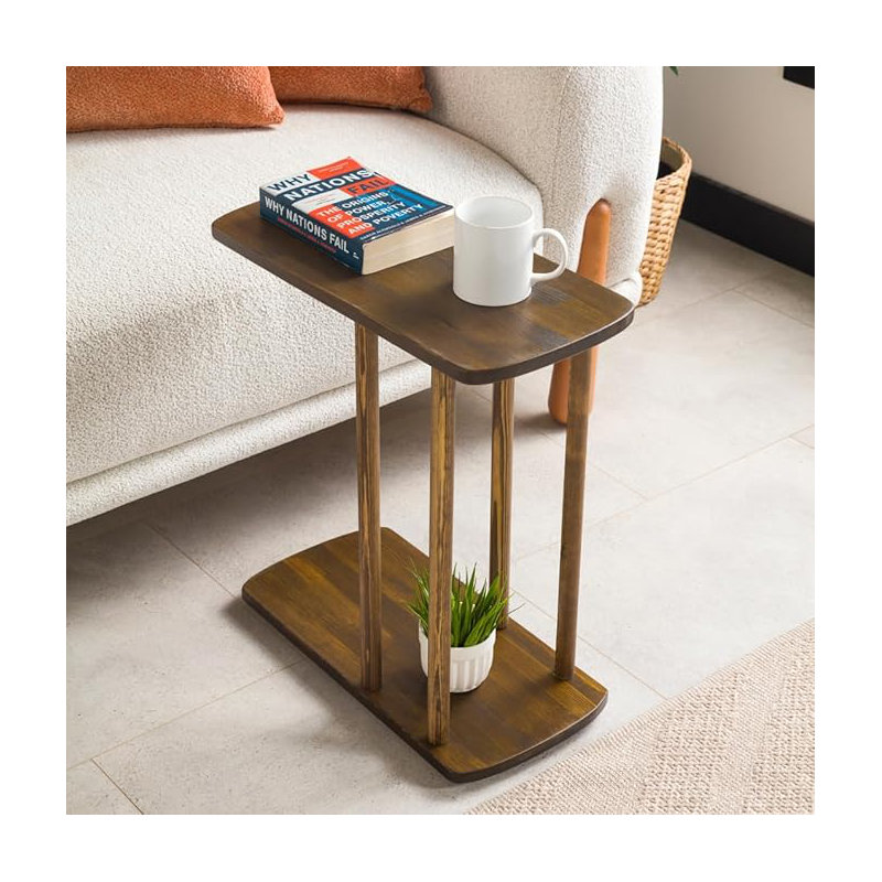 C-Shaped Solid Wood End Table, Side Table for Couches, Sofa Tables Slide Under Couch for Living Room, Over Couch TV Tray Table for Small Spaces Style Wooden (Dark Walnut, Large)