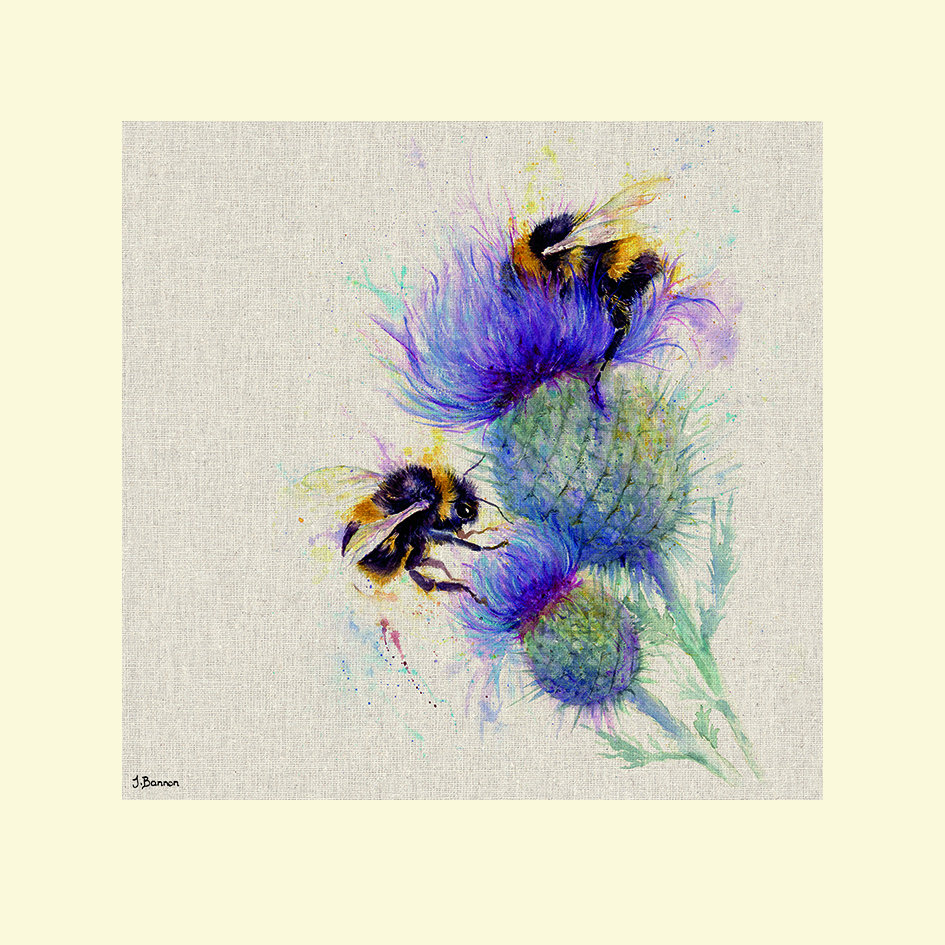 'Bees on Thistle' by Jane Bannon Print in Grey/Purple