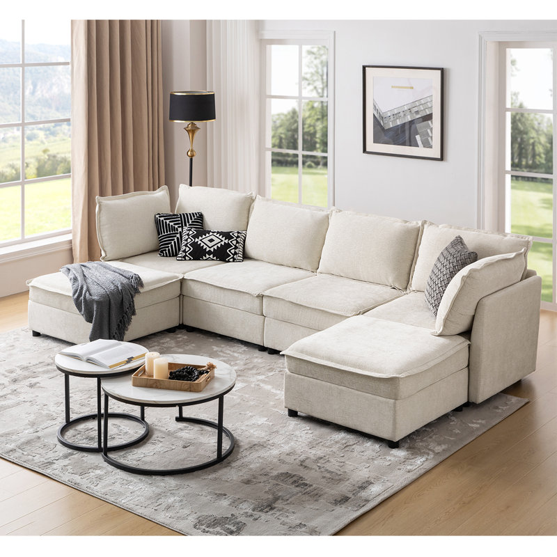 Talani Modern 6 Seater Slipcovered Corner Sofa with Hidden Storage, Beige
