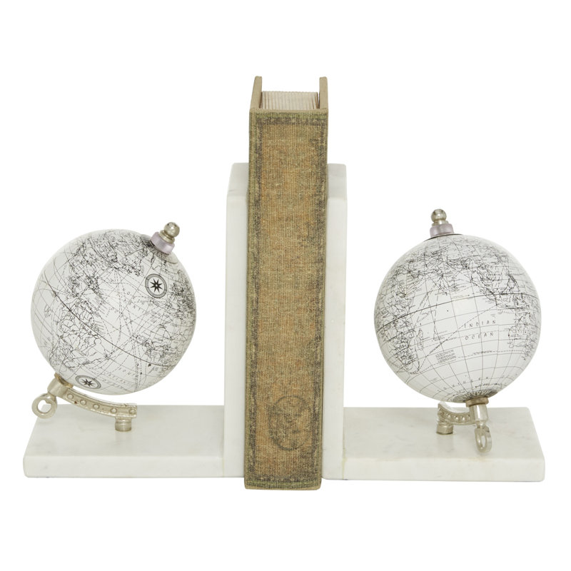 Marble Globe Decorative White Bookends with Silver Metal Accents Set