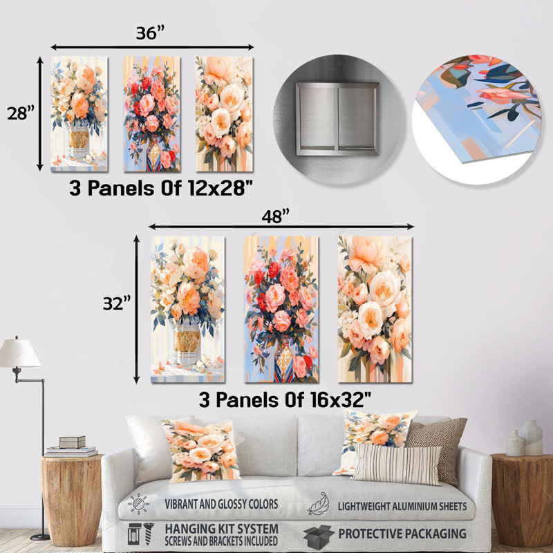 Peony Blossoms Of Tranquility - Ensemble de 3 décorations murales en métal pivoine, H 28 po x l 36 po