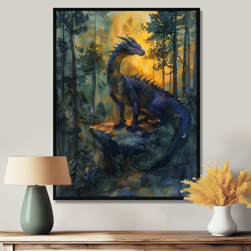  «Darkness and Mystic Forest Dragon - Dragons», décoration murale, Toile argentée avec cadre flottant