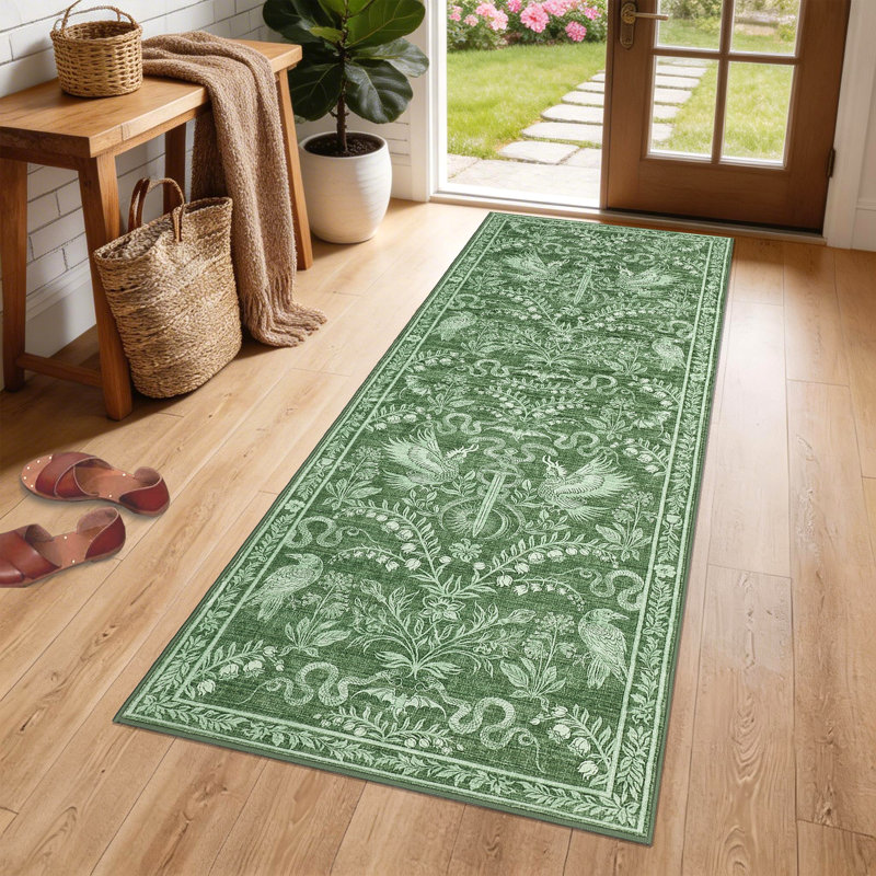 Floral Snake & Bird Print Runner Rug, Non-Slip Low-Pile Washable Area Rug with Non-Slip TPR Backing for Bedroom Entryway Hallway