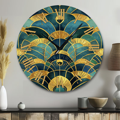 Horloge murale glamour en métal bleu sarcelle doré avec motif de paon