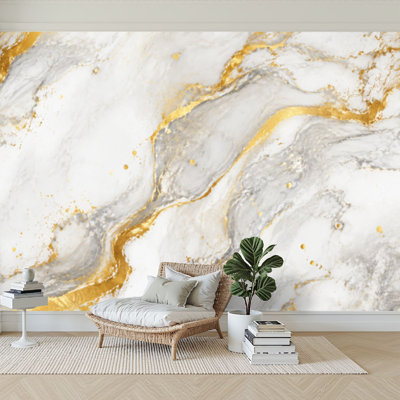 Wall Mural Peel and Stick Wallpaper Minimalist gray marble canvas abstract painting gold Self-Adhesive Removable Contact Paper Wall Decor for Living Room Bedroom 100"H x 144"W
