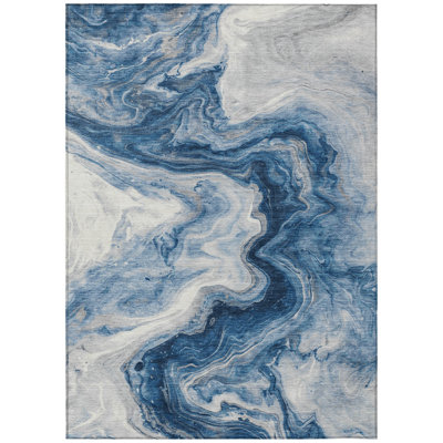 5' X 8' Navy Blue And Silver Abstract Washable Indoor Outdoor Area Rug