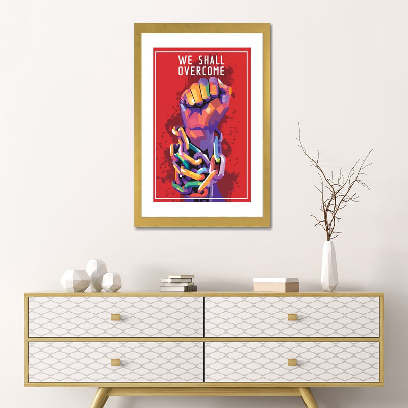 « We shall vaincre » par Dayat Banggai-impression d’art graphique, H 24 po x l 16 po x P 1 po, Blanc, Papier encadré doré