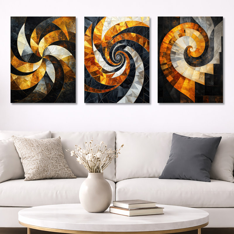 Jaune et noir, vortex de sophistication I - formes abstraites, art mural 3 pièces, H 32 po x l 72 po
