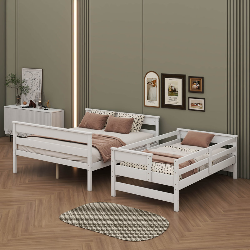 Lit superposé simple au-dessus de grand lit en bois avec échelle conviviale, Blanc