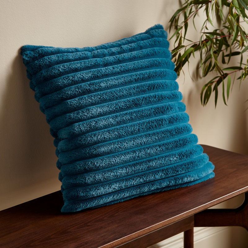 Cosy Ribbed Faux Fur Cushion, Teal Green, Polyester