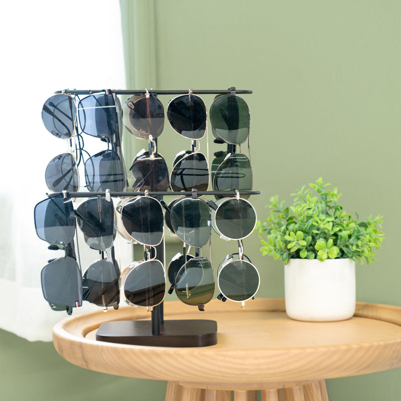 Support à lunettes de soleil pour 24 paires de lunettes, support de rangement pour lunettes de soleil à 2 niveaux avec cadre en métal et base en bois, noir