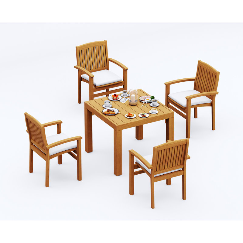 Ensemble de salle à manger 3 pièces en bois de teck de catégorie A: table carrée de 36 po et 2 chaises empilables à accoudoirs ondulés # 11WV0802