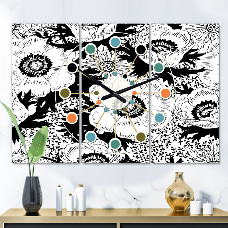Très grande horloge murale florale en monochrome rétro Mid-Century