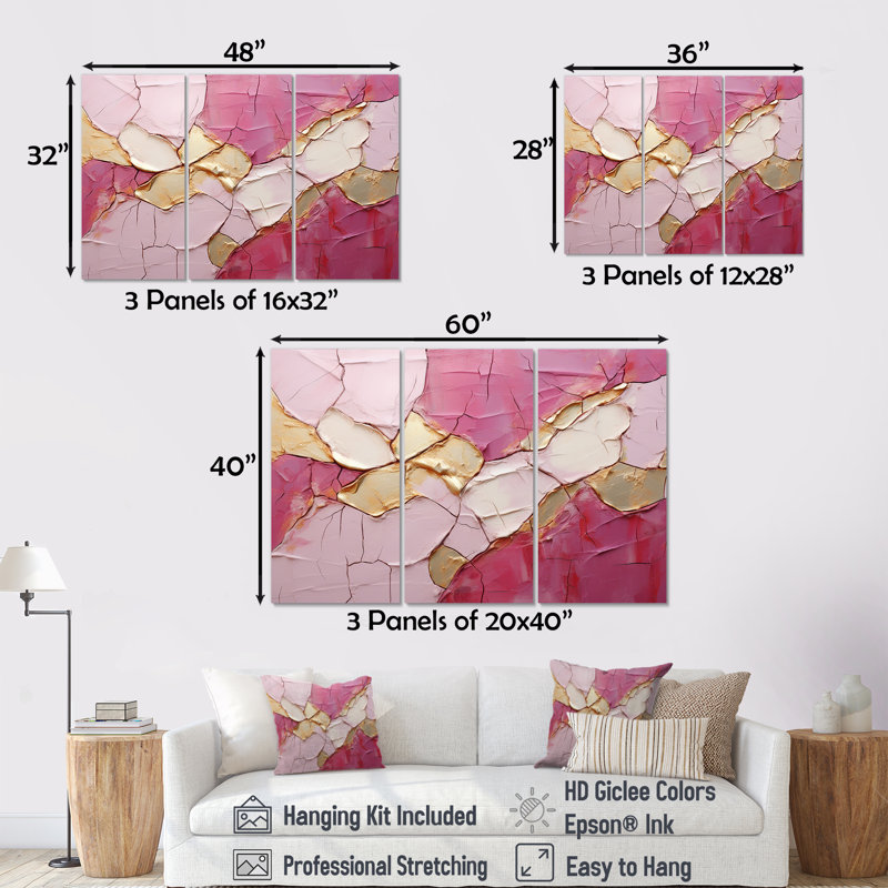 Ensemble de salon art mural or et rose, H 32 po x l 48 po, Toile tendue