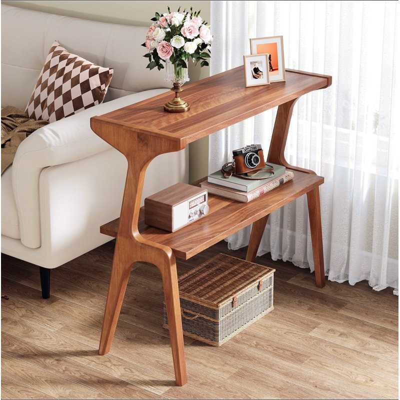 Table de bout en bois massif Mid-Century moderne de 27,56 po - Table d'appoint de style maison de campagne étroite avec tablette de rangement à 2 niveaux, table de chevet élégante et table d'appoint