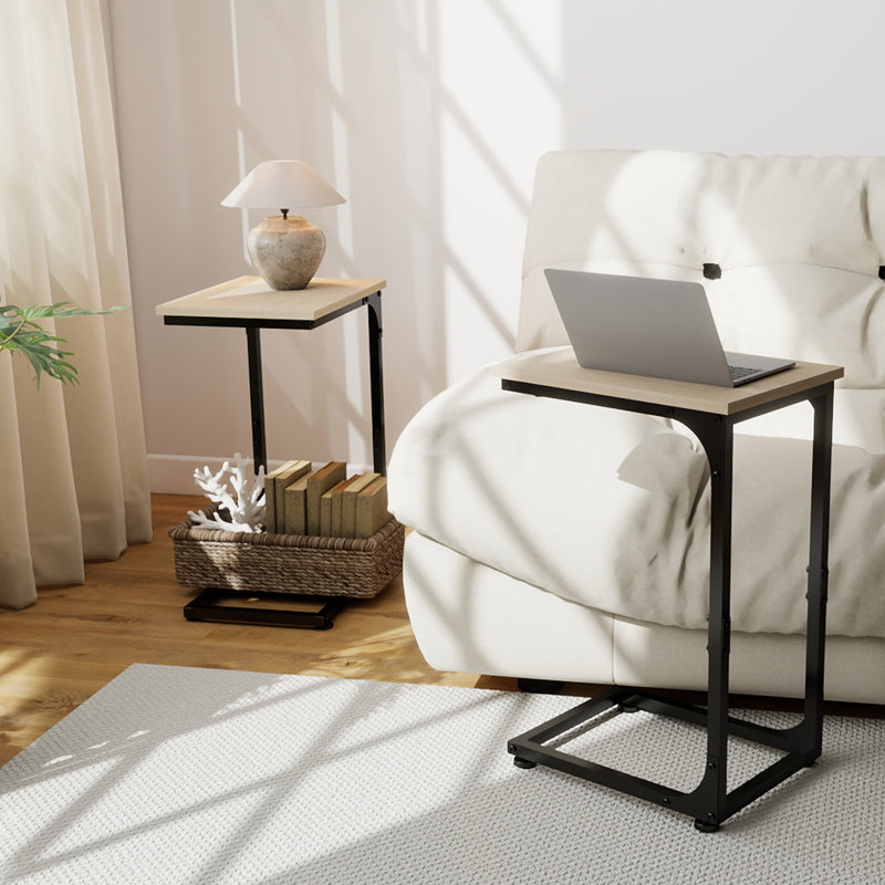 C-Shaped End Table, Beige Wood/Black, Set of 2