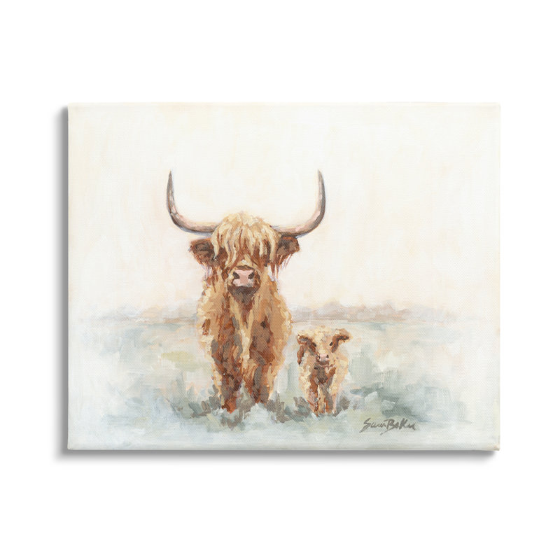 «Highland Bétail et bébé veau de campagne» par Sara Baker - peinture sur toile tendue, H 24 po x l 30 po x P 1,5 po
