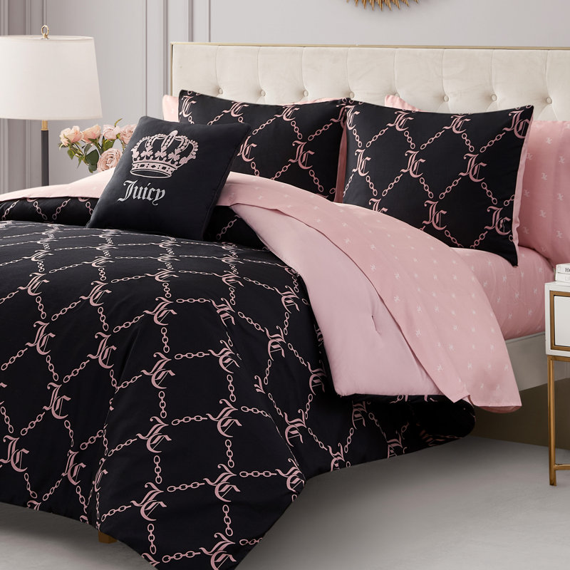 Juicy Couture Link Printed Bed-in-a-Bag Comforter Set, Full Comforter + 7 Additional Pieces, Pink/Black